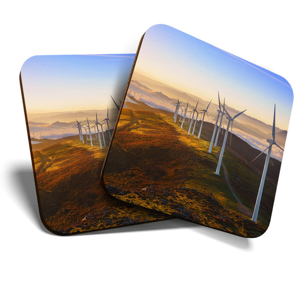 Great Coasters (Set of 2) Square / Glossy Quality Coasters / Tabletop Protection for Any Table Type - Wind Turbine Farm Landscape  #3414