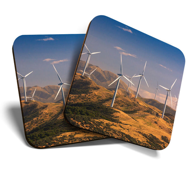 Great Coasters (Set of 2) Square / Glossy Quality Coasters / Tabletop Protection for Any Table Type - Wind Turbine Farm Landscape  #3415