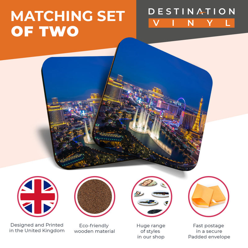 Great Coasters (Set of 2) Square / Glossy Quality Coasters / Tabletop Protection for Any Table Type - Las Vegas Strip USA America