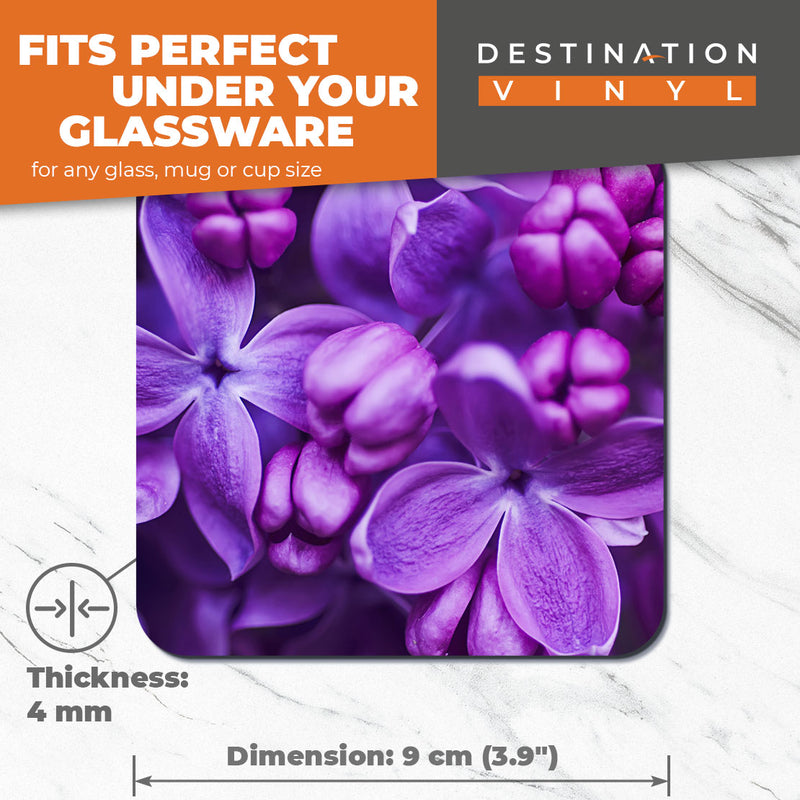 Great Coasters (Set of 2) Square / Glossy Quality Coasters / Tabletop Protection for Any Table Type - Purple Lilac Violet Flowers