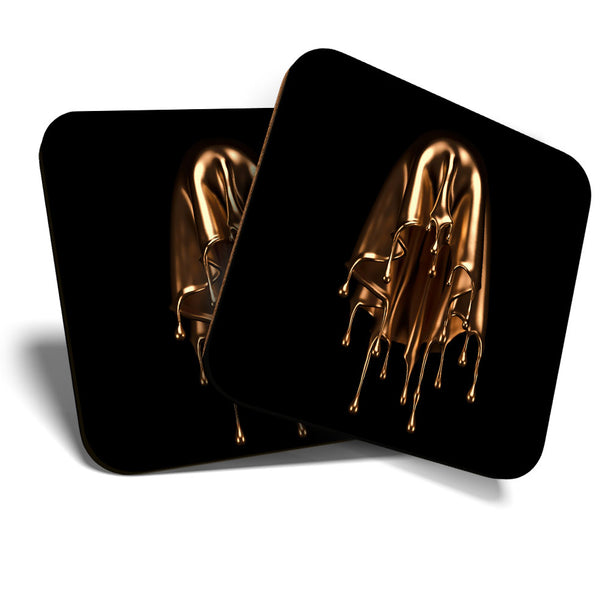 Great Coasters (Set of 2) Square / Glossy Quality Coasters / Tabletop Protection for Any Table Type - Liquid Gold Droplet Fun Art  #3419