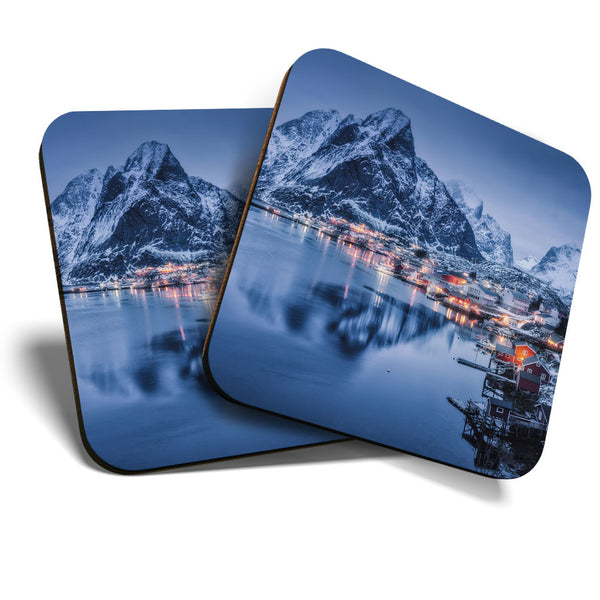 Great Coasters (Set of 2) Square / Glossy Quality Coasters / Tabletop Protection for Any Table Type - Snowy Lofoten Islands Norway  #3421