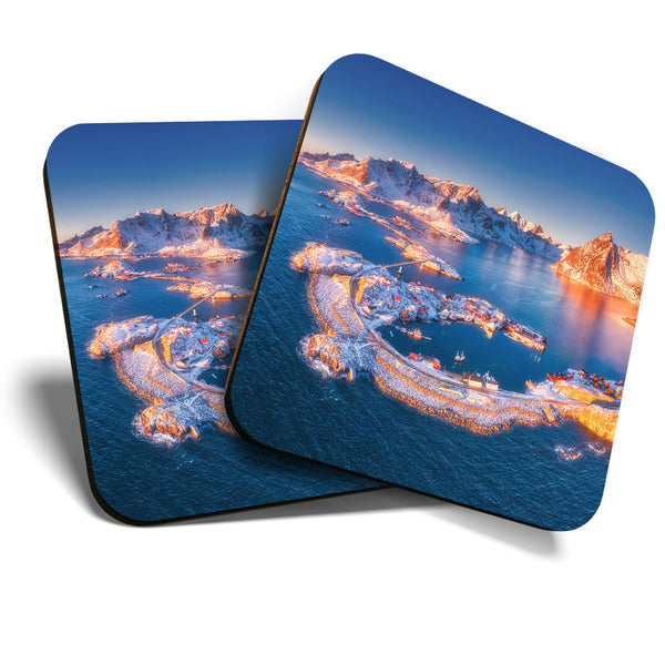 Great Coasters (Set of 2) Square / Glossy Quality Coasters / Tabletop Protection for Any Table Type - Snowy Lofoten Islands Norway  #3422