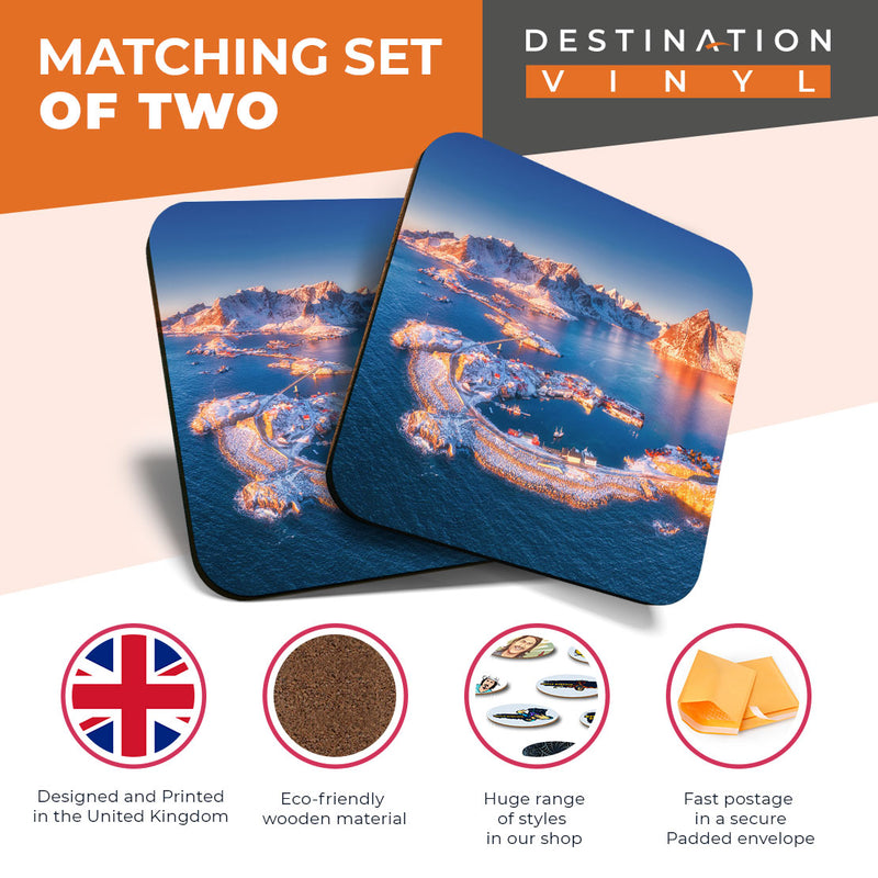 Great Coasters (Set of 2) Square / Glossy Quality Coasters / Tabletop Protection for Any Table Type - Snowy Lofoten Islands Norway