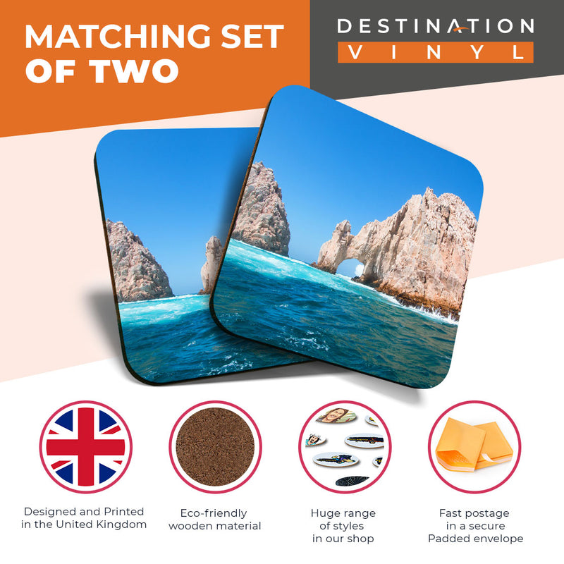 Great Coasters (Set of 2) Square / Glossy Quality Coasters / Tabletop Protection for Any Table Type - The Arch of Cabo San Lucas
