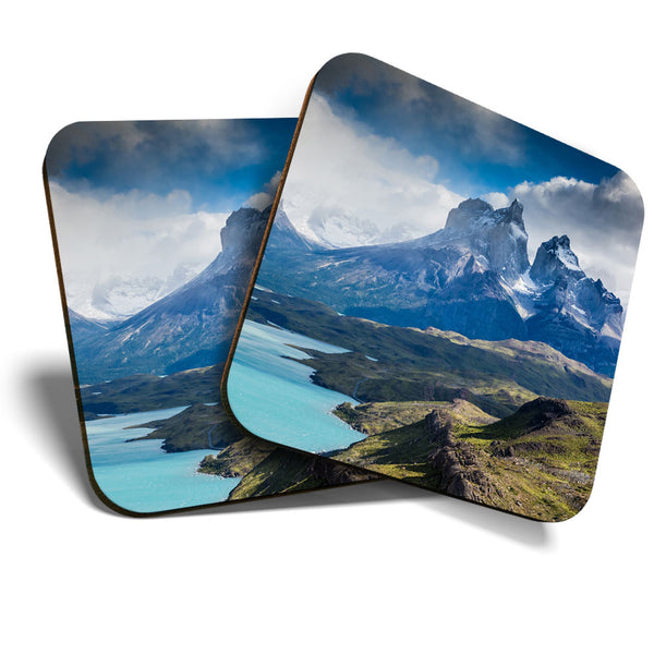 Great Coasters (Set of 2) Square / Glossy Quality Coasters / Tabletop Protection for Any Table Type - Lake Pehoe Patagonia Chile  #3430