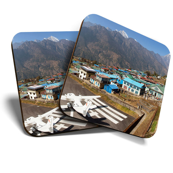 Great Coasters (Set of 2) Square / Glossy Quality Coasters / Tabletop Protection for Any Table Type - Lukla Airport Khumbu Nepal  #3431