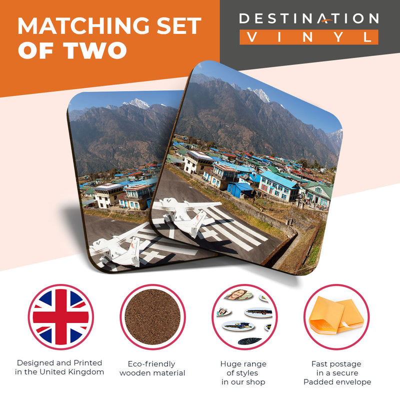 Great Coasters (Set of 2) Square / Glossy Quality Coasters / Tabletop Protection for Any Table Type - Lukla Airport Khumbu Nepal