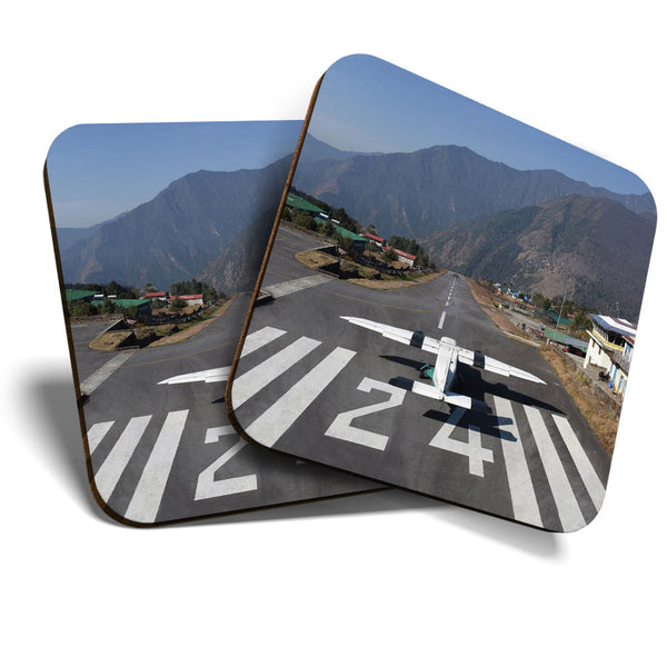 Great Coasters (Set of 2) Square / Glossy Quality Coasters / Tabletop Protection for Any Table Type - Lukla Airport Khumbu Nepal  #3432
