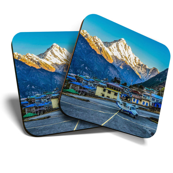Great Coasters (Set of 2) Square / Glossy Quality Coasters / Tabletop Protection for Any Table Type - Lukla Airport Khumbu Nepal  #3433