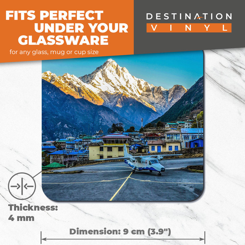 Great Coasters (Set of 2) Square / Glossy Quality Coasters / Tabletop Protection for Any Table Type - Lukla Airport Khumbu Nepal