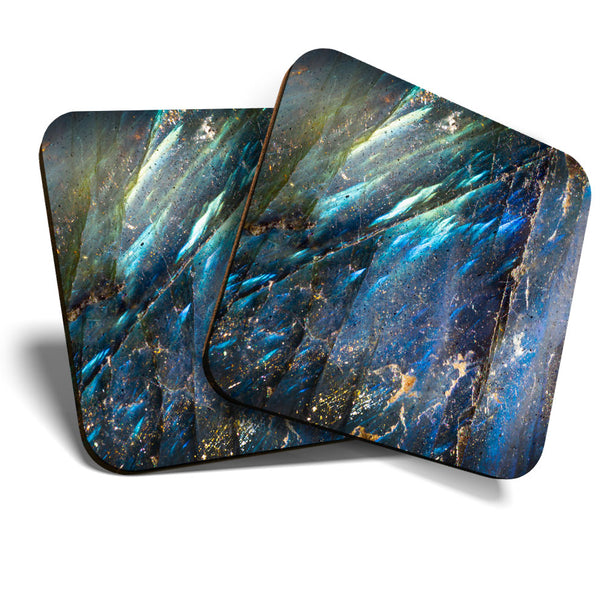 Great Coasters (Set of 2) Square / Glossy Quality Coasters / Tabletop Protection for Any Table Type - Macro Blue Crystal Moonstone  #3438