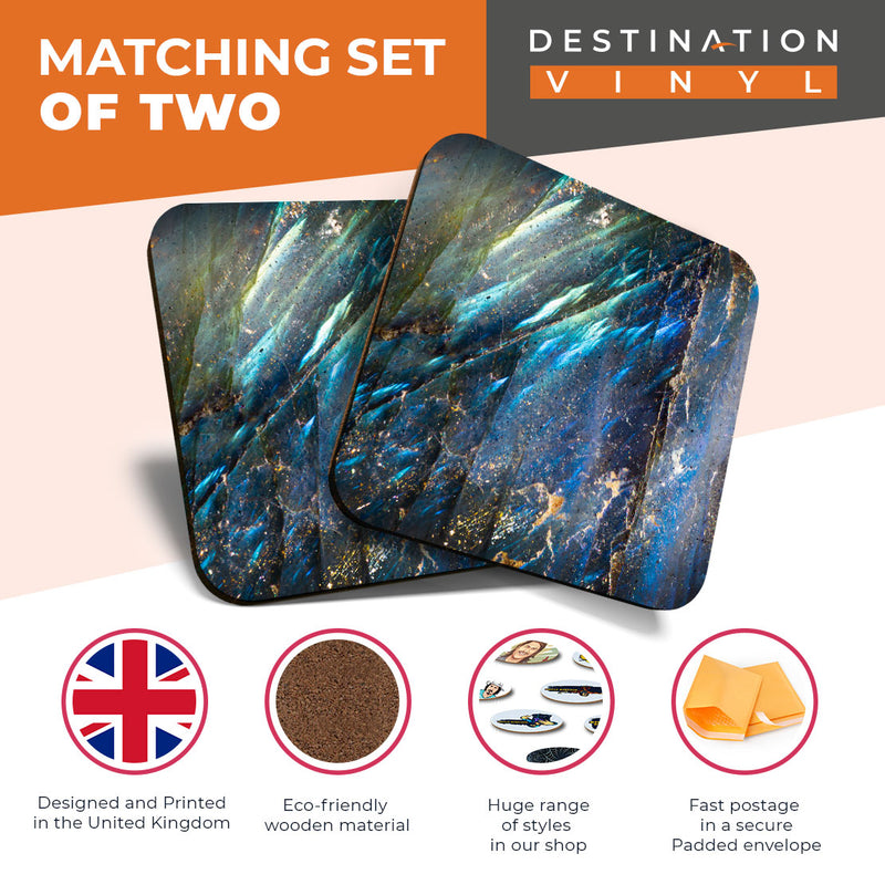 Great Coasters (Set of 2) Square / Glossy Quality Coasters / Tabletop Protection for Any Table Type - Macro Blue Crystal Moonstone