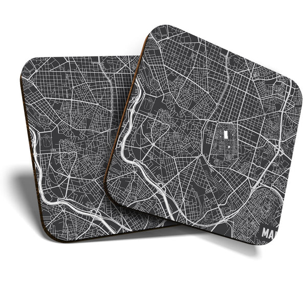 Great Coasters (Set of 2) Square / Glossy Quality Coasters / Tabletop Protection for Any Table Type - Awesome Madrid Map Travel  #3440