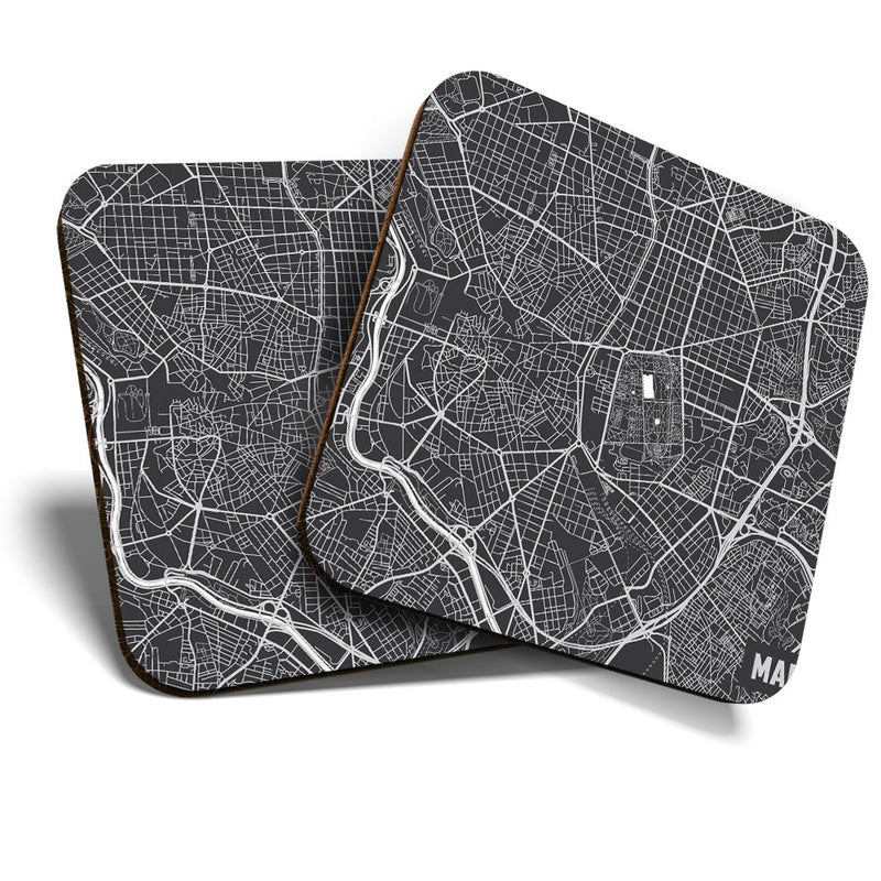 Great Coasters (Set of 2) Square / Glossy Quality Coasters / Tabletop Protection for Any Table Type - Awesome Madrid Map Travel