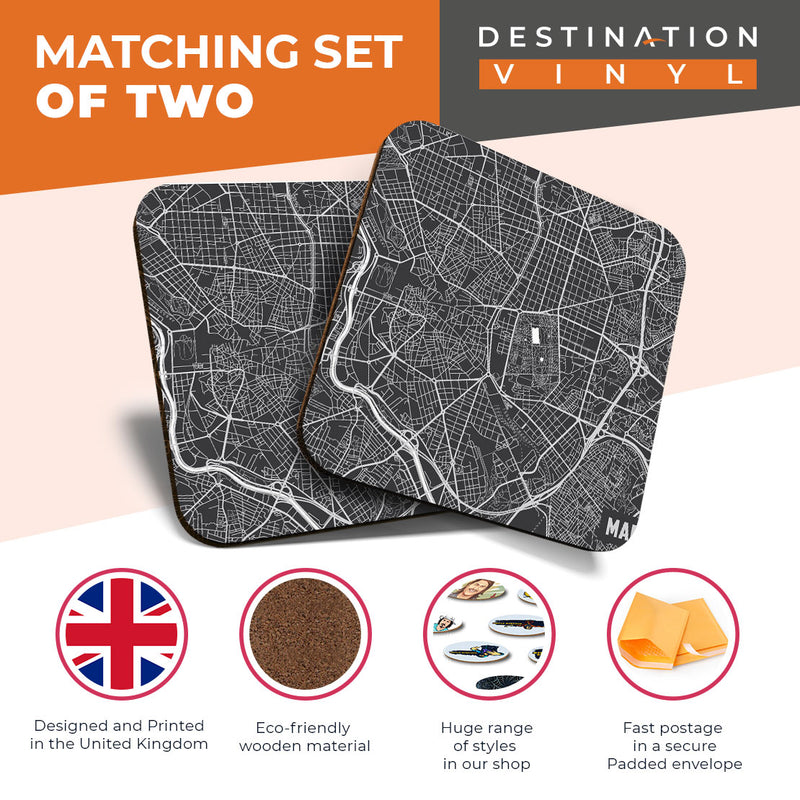 Great Coasters (Set of 2) Square / Glossy Quality Coasters / Tabletop Protection for Any Table Type - Awesome Madrid Map Travel