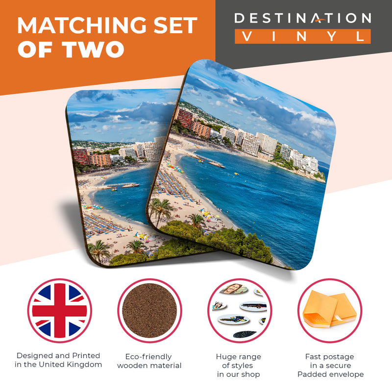 Great Coasters (Set of 2) Square / Glossy Quality Coasters / Tabletop Protection for Any Table Type - Magaluf Beach Bay Calvia Fun
