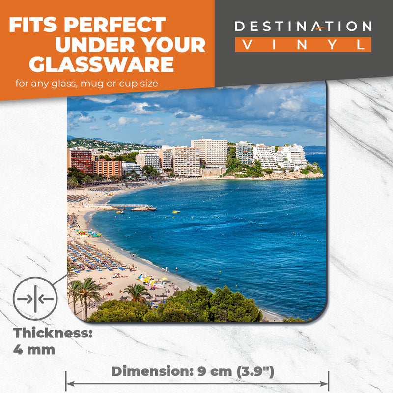 Great Coasters (Set of 2) Square / Glossy Quality Coasters / Tabletop Protection for Any Table Type - Magaluf Beach Bay Calvia Fun