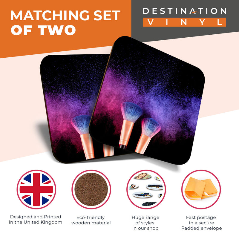 Great Coasters (Set of 2) Square / Glossy Quality Coasters / Tabletop Protection for Any Table Type - Makeup Brushes Cosmetics Art