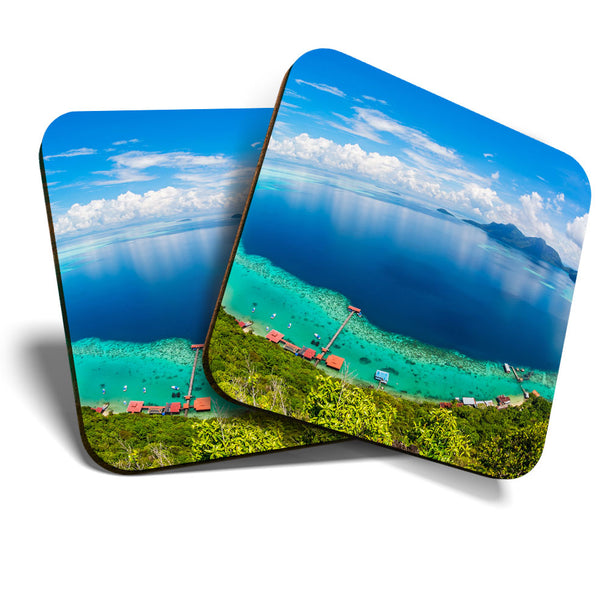 Great Coasters (Set of 2) Square / Glossy Quality Coasters / Tabletop Protection for Any Table Type - Malaysia Sabah Borneo Beach  #3445