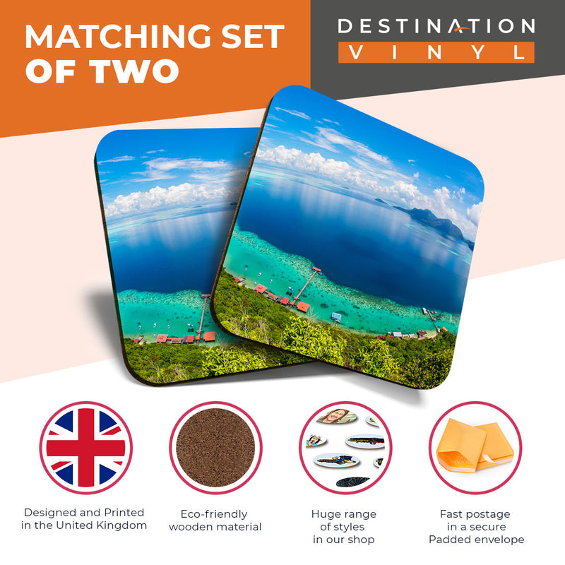 Great Coasters (Set of 2) Square / Glossy Quality Coasters / Tabletop Protection for Any Table Type - Malaysia Sabah Borneo Beach