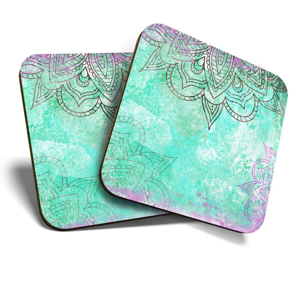Great Coasters (Set of 2) Square / Glossy Quality Coasters / Tabletop Protection for Any Table Type - Teal Mandala Spiritual Theme  #3448