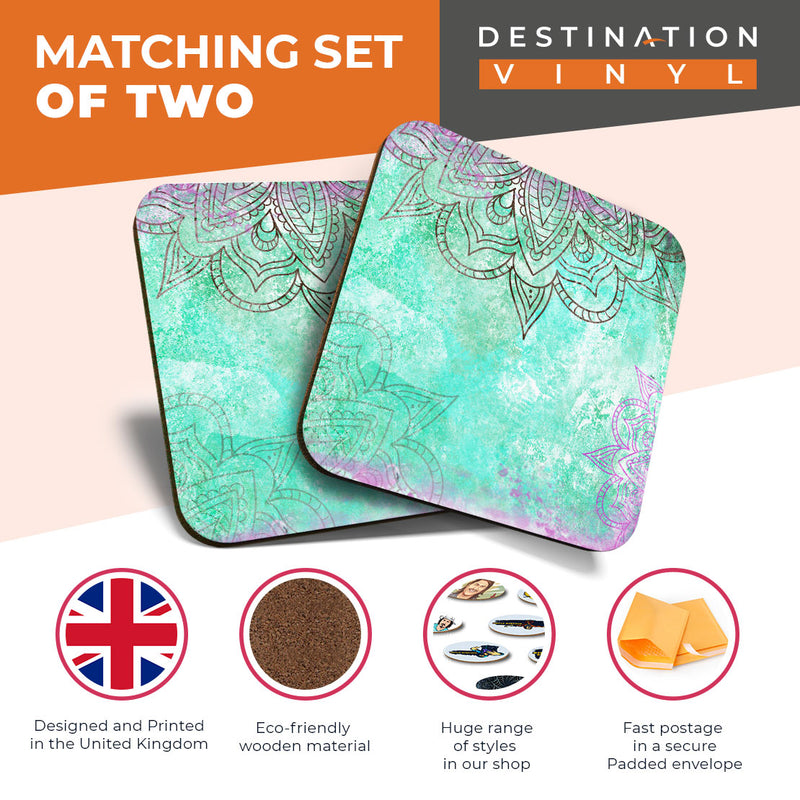 Great Coasters (Set of 2) Square / Glossy Quality Coasters / Tabletop Protection for Any Table Type - Teal Mandala Spiritual Theme