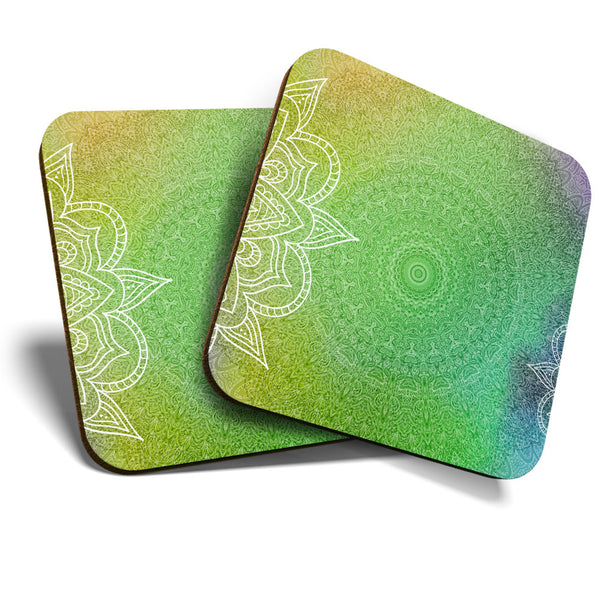 Great Coasters (Set of 2) Square / Glossy Quality Coasters / Tabletop Protection for Any Table Type - Green Mandala Sign Spiritual  #3449