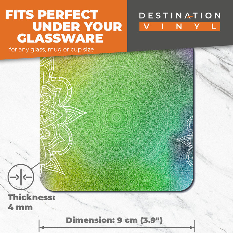 Great Coasters (Set of 2) Square / Glossy Quality Coasters / Tabletop Protection for Any Table Type - Green Mandala Sign Spiritual