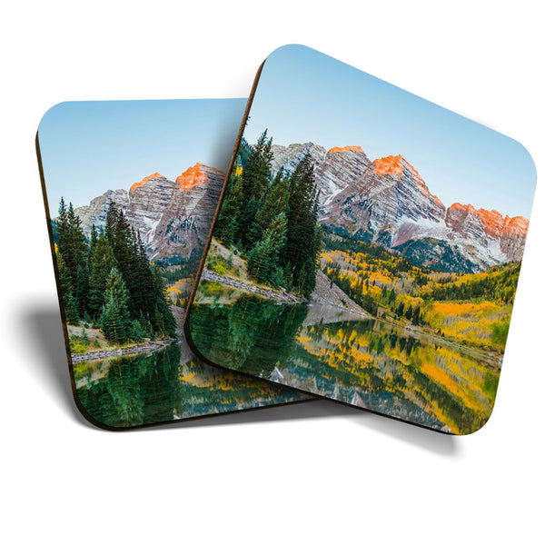 Great Coasters (Set of 2) Square / Glossy Quality Coasters / Tabletop Protection for Any Table Type - Maroon Bells Colorado USA  #3456
