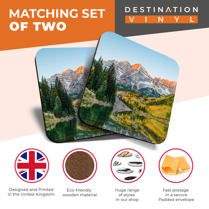 Great Coasters (Set of 2) Square / Glossy Quality Coasters / Tabletop Protection for Any Table Type - Maroon Bells Colorado USA