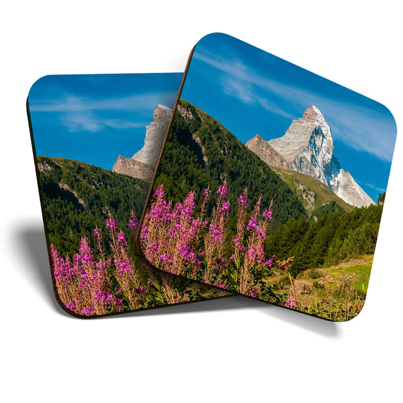 Great Coasters (Set of 2) Square / Glossy Quality Coasters / Tabletop Protection for Any Table Type - Matterhorn Mountain Zermatt