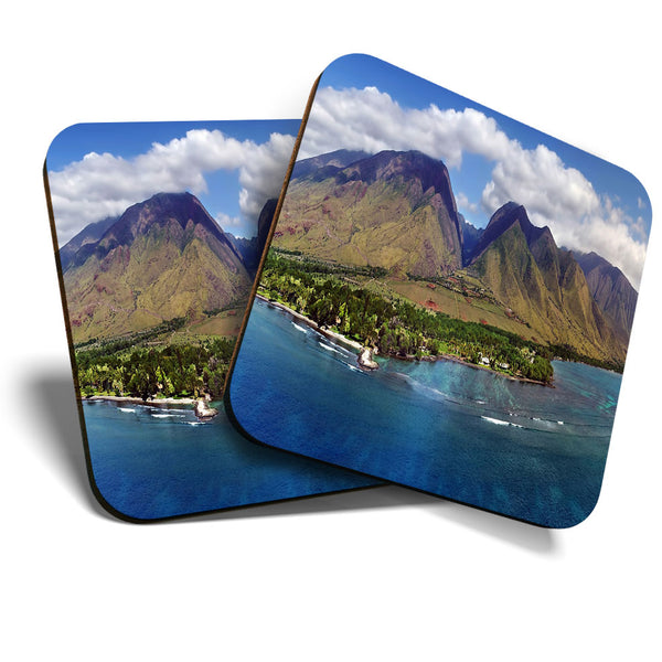 Great Coasters (Set of 2) Square / Glossy Quality Coasters / Tabletop Protection for Any Table Type - Maui Hawaii Coastline USA  #3459