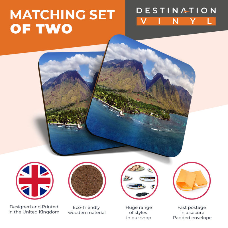Great Coasters (Set of 2) Square / Glossy Quality Coasters / Tabletop Protection for Any Table Type - Maui Hawaii Coastline USA