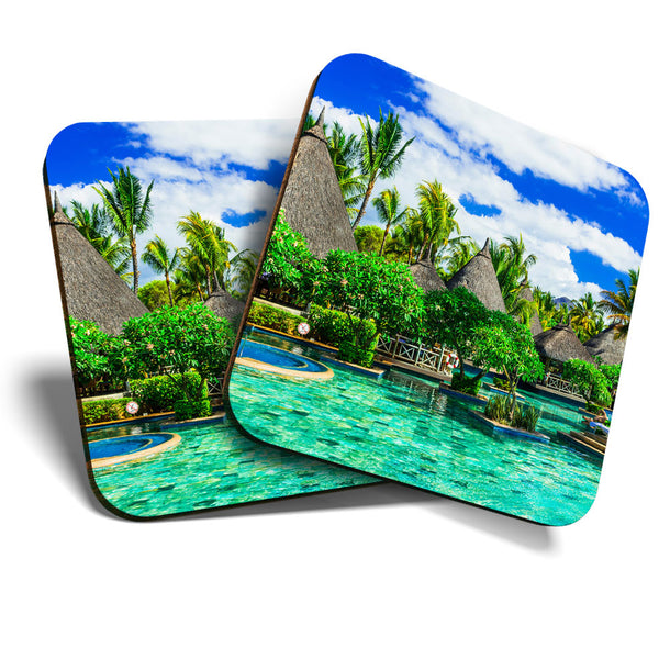 Great Coasters (Set of 2) Square / Glossy Quality Coasters / Tabletop Protection for Any Table Type - Mauritius Island Resort Pool  #3460