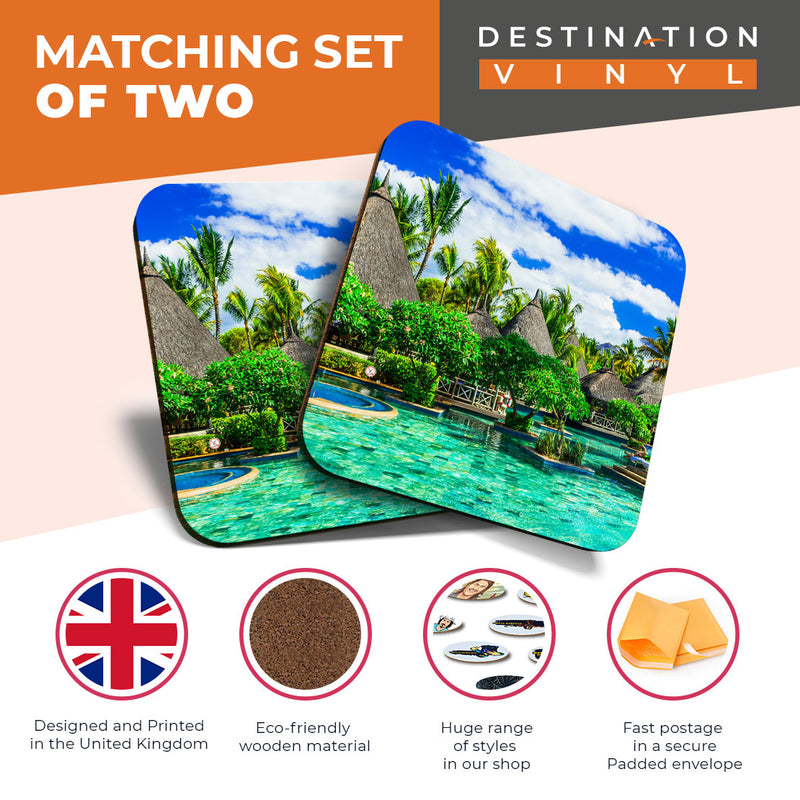 Great Coasters (Set of 2) Square / Glossy Quality Coasters / Tabletop Protection for Any Table Type - Mauritius Island Resort Pool