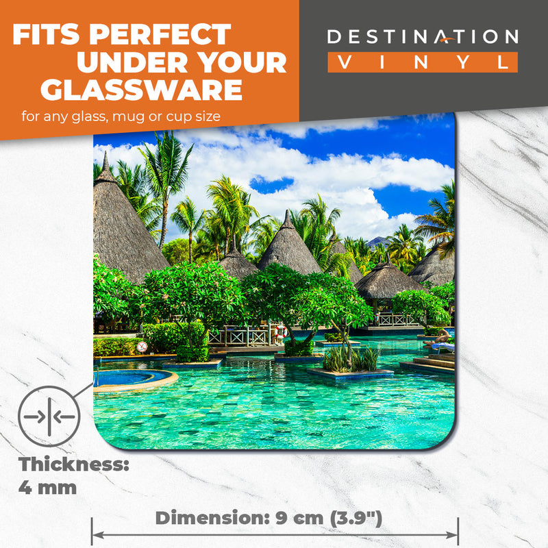 Great Coasters (Set of 2) Square / Glossy Quality Coasters / Tabletop Protection for Any Table Type - Mauritius Island Resort Pool