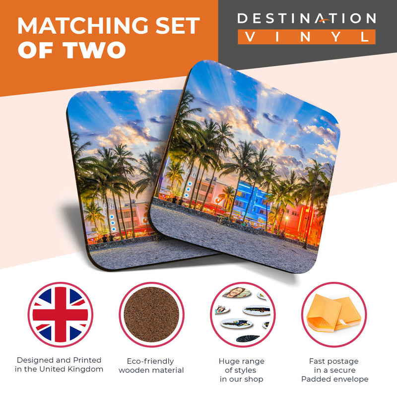 Great Coasters (Set of 2) Square / Glossy Quality Coasters / Tabletop Protection for Any Table Type - Miami Beach Florida America