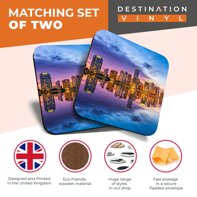 Great Coasters (Set of 2) Square / Glossy Quality Coasters / Tabletop Protection for Any Table Type - Miami City Florida America