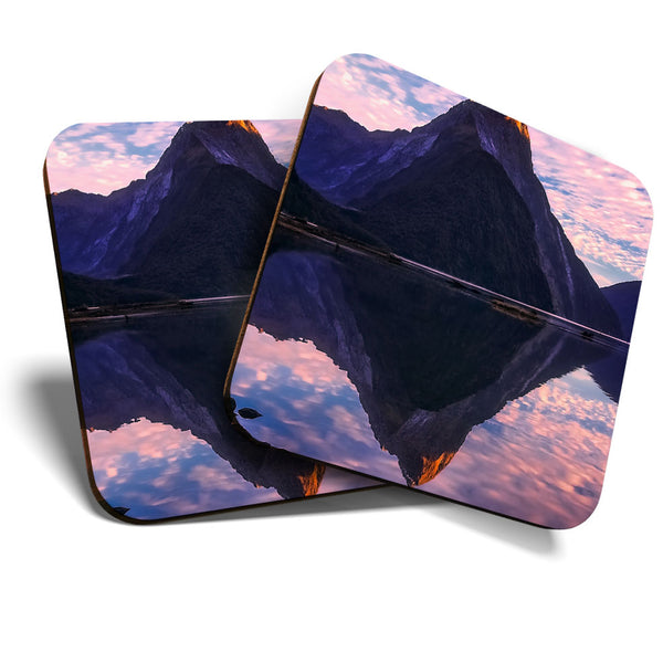 Great Coasters (Set of 2) Square / Glossy Quality Coasters / Tabletop Protection for Any Table Type - Milford Sound New Zealand  #3469