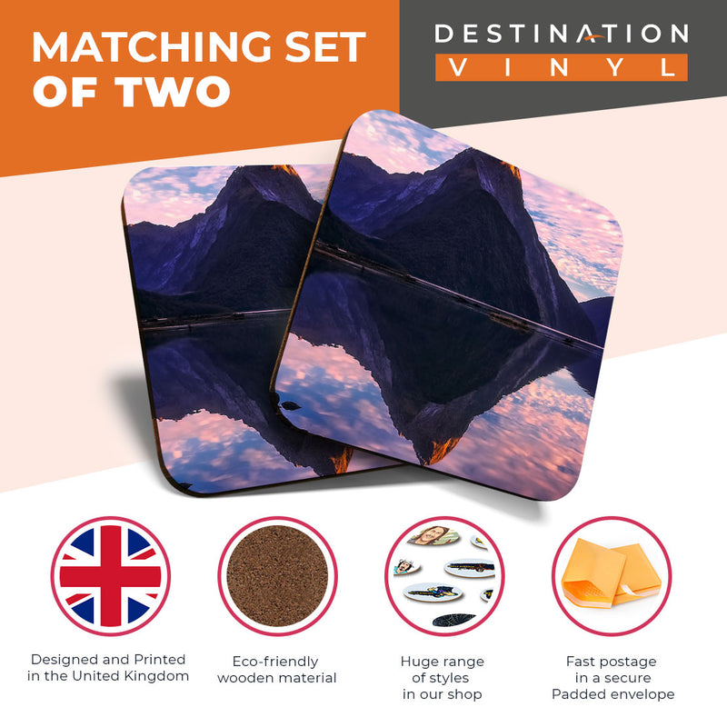 Great Coasters (Set of 2) Square / Glossy Quality Coasters / Tabletop Protection for Any Table Type - Milford Sound New Zealand