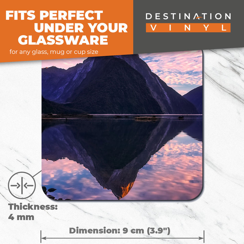 Great Coasters (Set of 2) Square / Glossy Quality Coasters / Tabletop Protection for Any Table Type - Milford Sound New Zealand