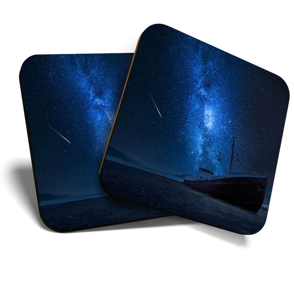 Great Coasters (Set of 2) Square / Glossy Quality Coasters / Tabletop Protection for Any Table Type - Milky Way Shipwreck Iceland  #3470