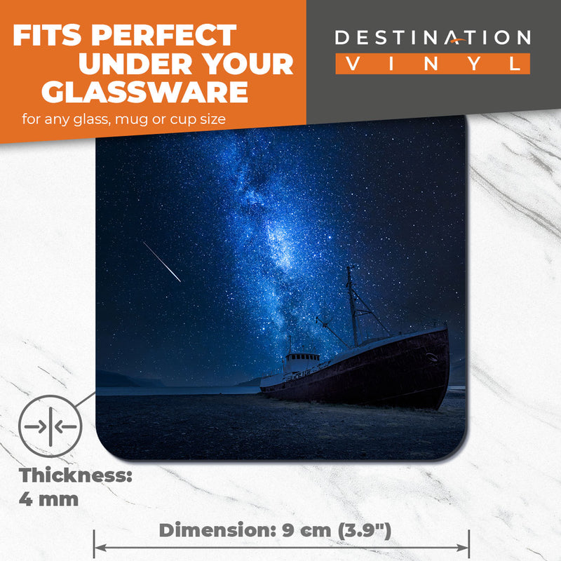 Great Coasters (Set of 2) Square / Glossy Quality Coasters / Tabletop Protection for Any Table Type - Milky Way Shipwreck Iceland