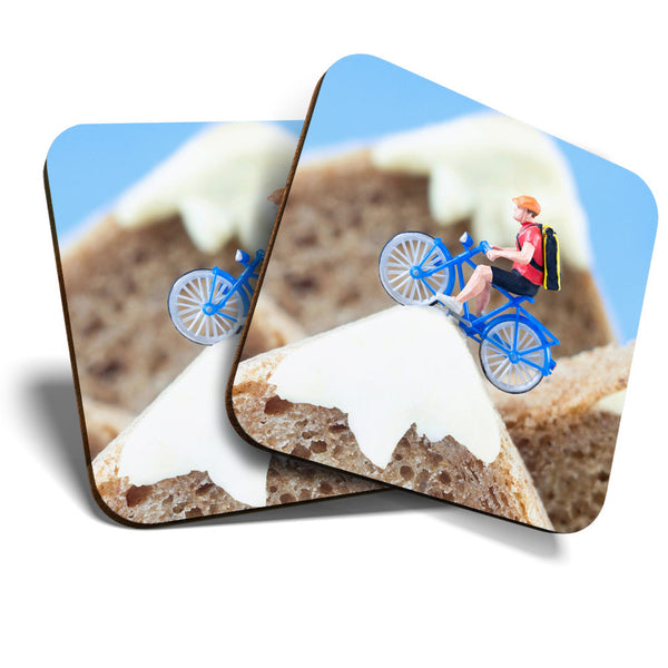 Great Coasters (Set of 2) Square / Glossy Quality Coasters / Tabletop Protection for Any Table Type - Funny Mini Cyclist on Toast  #3472