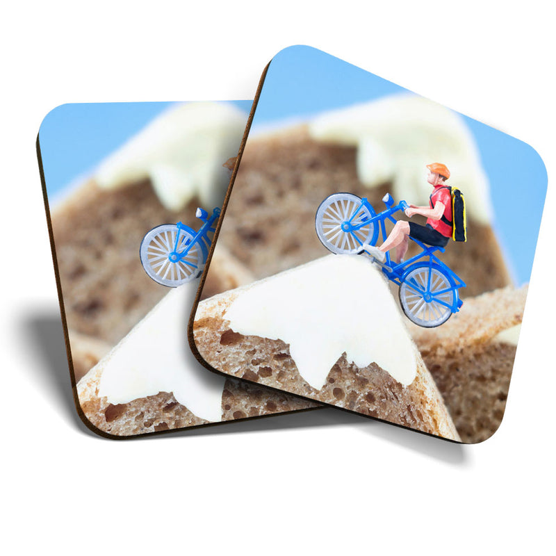 Great Coasters (Set of 2) Square / Glossy Quality Coasters / Tabletop Protection for Any Table Type - Funny Mini Cyclist on Toast