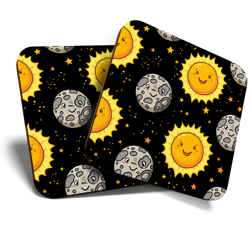 Great Coasters (Set of 2) Square / Glossy Quality Coasters / Tabletop Protection for Any Table Type - Cute Cartoon Sun and Moon