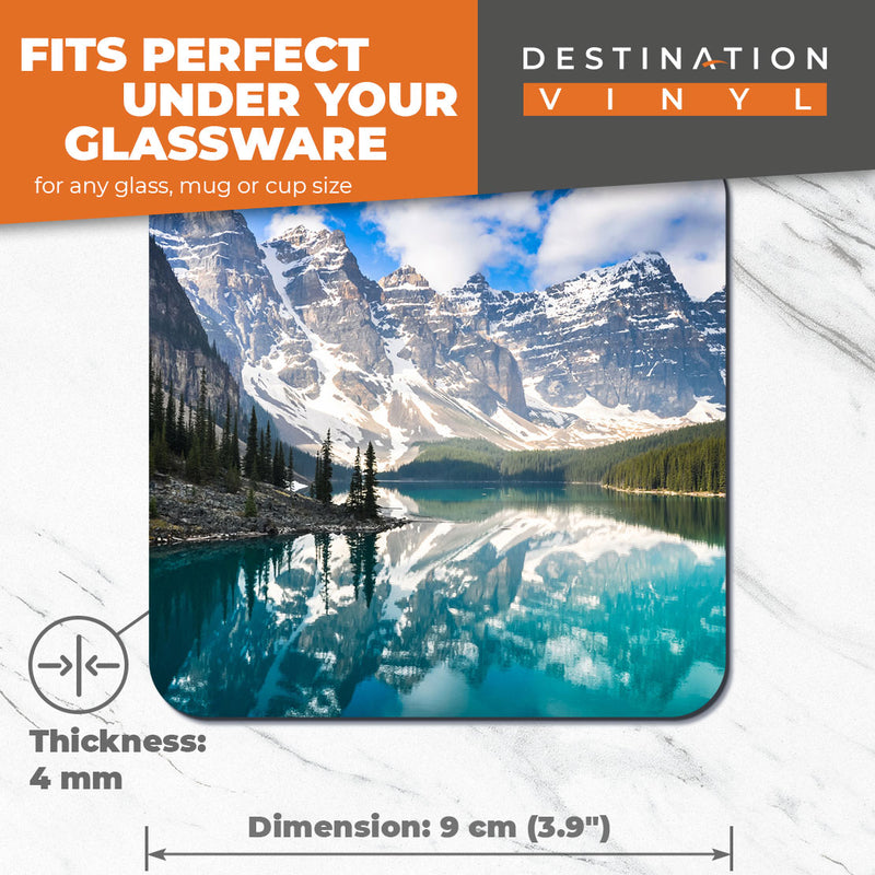 Great Coasters (Set of 2) Square / Glossy Quality Coasters / Tabletop Protection for Any Table Type - Moraine Lake Mountain Canada