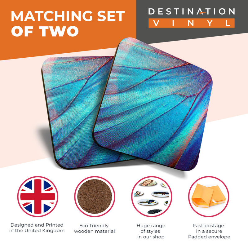Great Coasters (Set of 2) Square / Glossy Quality Coasters / Tabletop Protection for Any Table Type - Blue Morpho Butterfly Macro