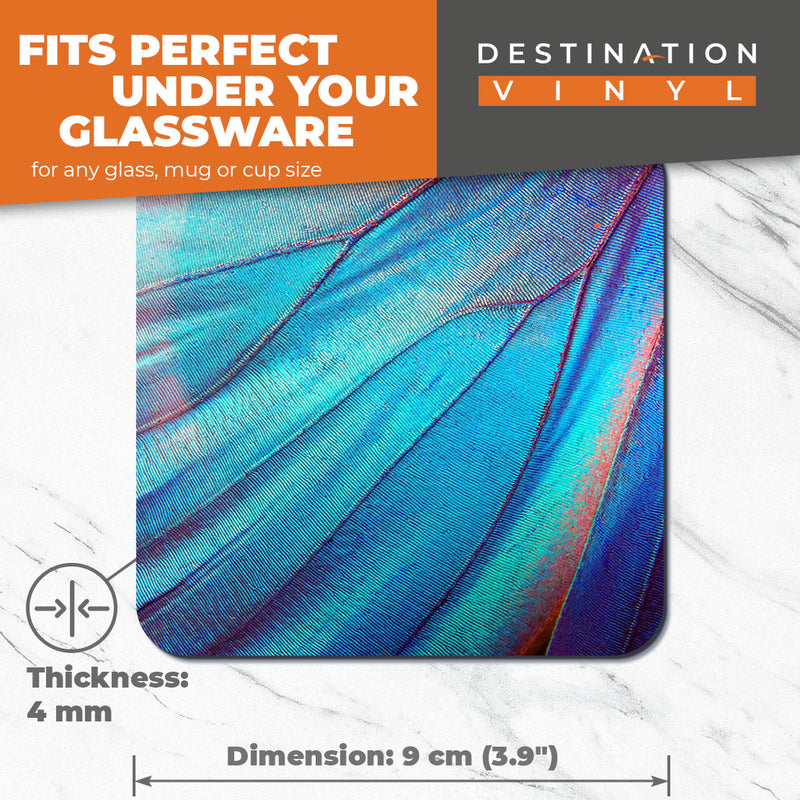 Great Coasters (Set of 2) Square / Glossy Quality Coasters / Tabletop Protection for Any Table Type - Blue Morpho Butterfly Macro